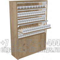 Шкаф для сигаретной продукции с пятью уровнями по высоте с единовременным открыванием створок и тумбой два выдвижных ящика в открытом состоянии