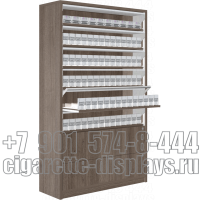 Табачный шкаф сигарет с шестью уровнями с единовременным открыванием створок и два выдвижных ящика в открытом состоянии